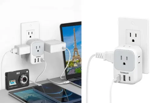 Two images showing multiple wires plugged into the Travel USB Charger